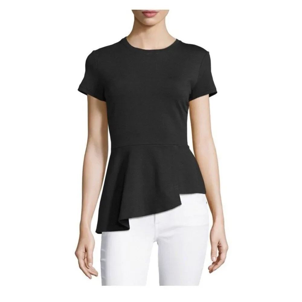 bcbgmaxazria Peplum black crew neck short sleeve asymmetrical top Xs